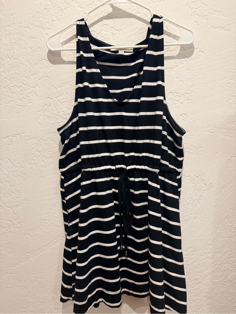 LOFT Black and White Striped Dress with Drawstring